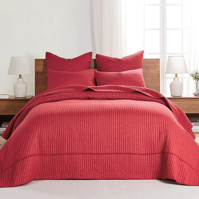 Secure Levtex Home Cross Stitch Reversible Queen Bedspread Set 104x106in with 2 Pillow Shams 26x20in – Stitch Texture – Chile Red – Cotton Queen Size Bedspread Set – Lightweight Soft Pre-Washed High-Grade