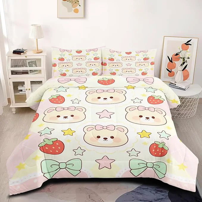 Premium Girls Cartoon Bears Animal Print Comforter Set Queen Size 3Pcs Cute Bows and Strawberry Bedding Sets for All Seasons Microfiber Includes 1 Comforter 90 quot x90 quot and 2 Pillowcases Quality