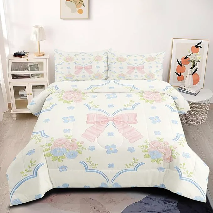 Stylish Teens Girls Pink Bows Bedding Set 3Pcs Full Size Cute Pink Blue Floral Comforter Set for Women Room Decor 1 Comforter 79 quot x 90 quot and 2 Pillowcases Environmentally Friendly