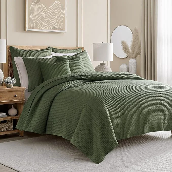 High-End Levtex Home Cross Stitch Reversible King Cal King Quilt Set 106x92in and 2 Pillow Shams 36x20in – Stitch Texture – Forest Green – Cotton King Size Quilt Bedding Set – Lightweight Soft Pre-Washed Breathable