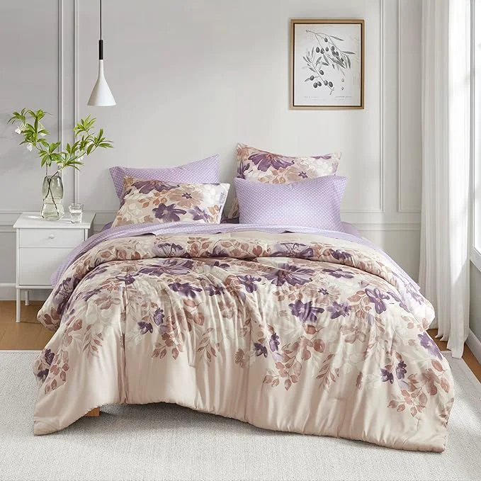 Fine Crafted Madison Park Essentials Comforter Set with Sheets Floral Bed in A Bag Microfiber Comforter Shabby Chic King Bedding Set Diamond Printed Sheet Luna King Taupe 7 Piece Official