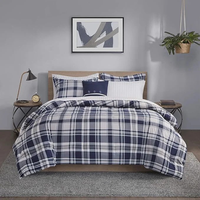 Artisan Madison Park Essentials Cozy Bed in A Bag – Reversible Comforter with Complete Sheet Set Casual Plaid Cabin Design All Season Cover Decorative Pillow Patrick Plaid Navy King 104 quot x92 quot 8 Piece Consistent