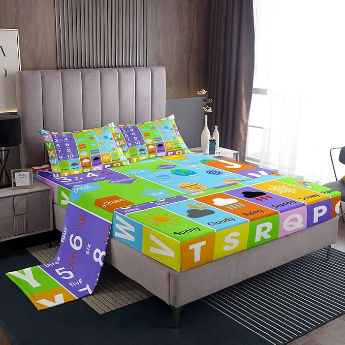 Crafted Alphabet Bed Sheet Queen Set Educational Weather Planets Number Sheets Sets Boys Girls Bedroom Decor Watercolor Patchwork Bedding Set with Flat Fitted Sheet 2 Pillow Cases Original