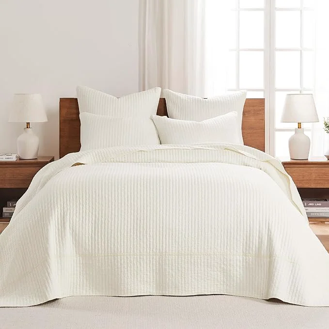 Environmentally Friendly Levtex Home Cross Stitch Reversible King Bedspread Set 120x104in with 2 Pillow Shams 36x20in – Stitch Texture – Cream – Cotton King Size Bedspread Set – Soft Pre-Washed Efficient