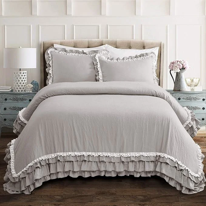 Clean Lush Decor Ella Ruffle Lace Comforter 3 Piece Set King Light Gray – Cute Comforter – King Bedding Set – Gray Bedding – Coquette Decor – Ruffle Trim – Lace Trim Easy-to-Use