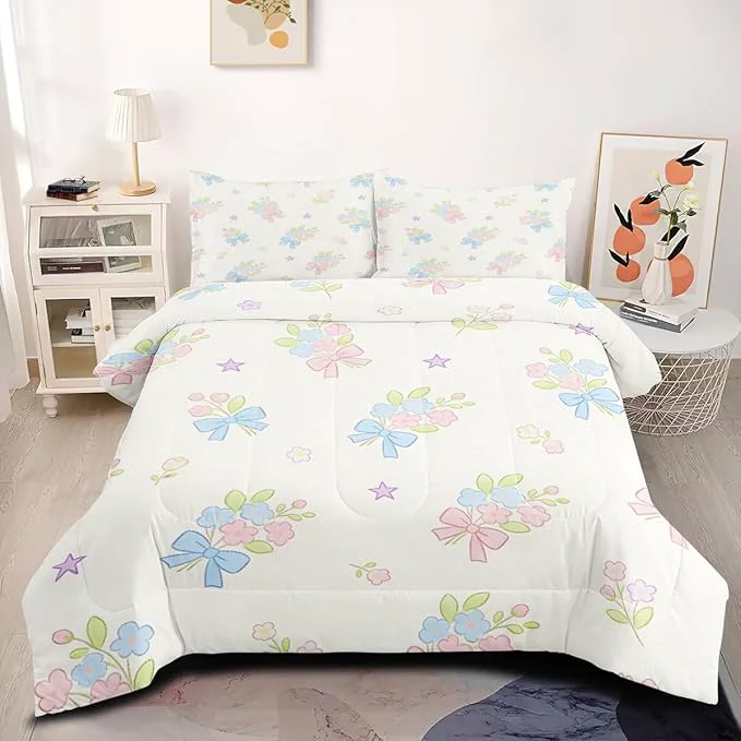 Advanced 3Pcs Girls Kids White Pink Botanical Flowers Bedding Set Blue Cartoon Bows Comforter Set Queen Size Bed Set for Girls Bedroom Decor with Comforter 90 quot x 90 quot and 2 Pillowcases Original