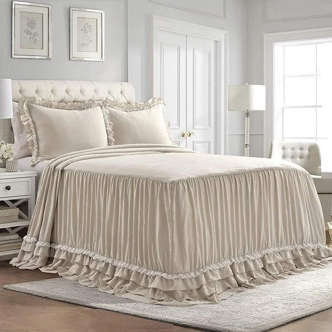 Original Design Lush Decor Ella Ruffle Lace Bedspread 3 Piece Set King Neutral – Cute Bed Set – King Bedding – Beige Bedding – Coquette Decor – Neutral Ruffle Trim – Beige Lace Trim Original