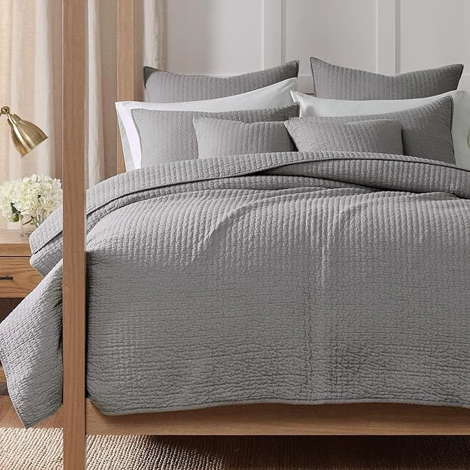 Smart Levtex Home Cross Stitch Reversible Full Queen Quilt Set 88x92in and 2 Pillow Shams 26x20in – Stitch Texture – Light Grey – Cotton Full Queen Size Quilt Bedding Set – Lightweight Soft Pre-Washed Genuine