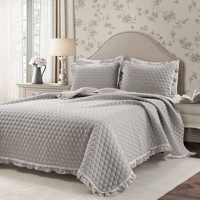 Professional Lush Decor Ella Ruffle Lace Quilt 3 Piece Set King Light Gray – Cute Quilt – King Bedding Set – Gray Bedding – Coquette Decor – Ruffle Trim – Lace Trim Secure