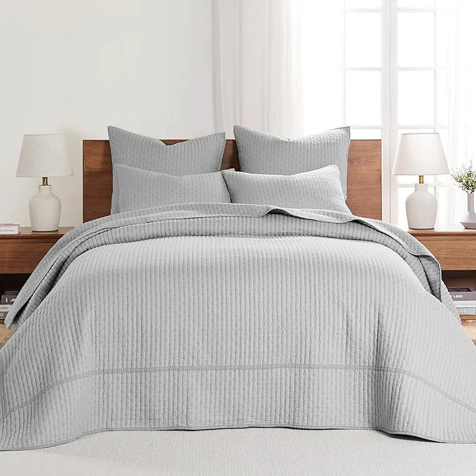 Convenient Levtex Home Cross Stitch Reversible Queen Bedspread Set 104x106in with 2 Pillow Shams 26x20in – Stitch Texture – Light Grey – Cotton Queen Size Bedspread Set – Lightweight Soft Pre-Washed Trusted