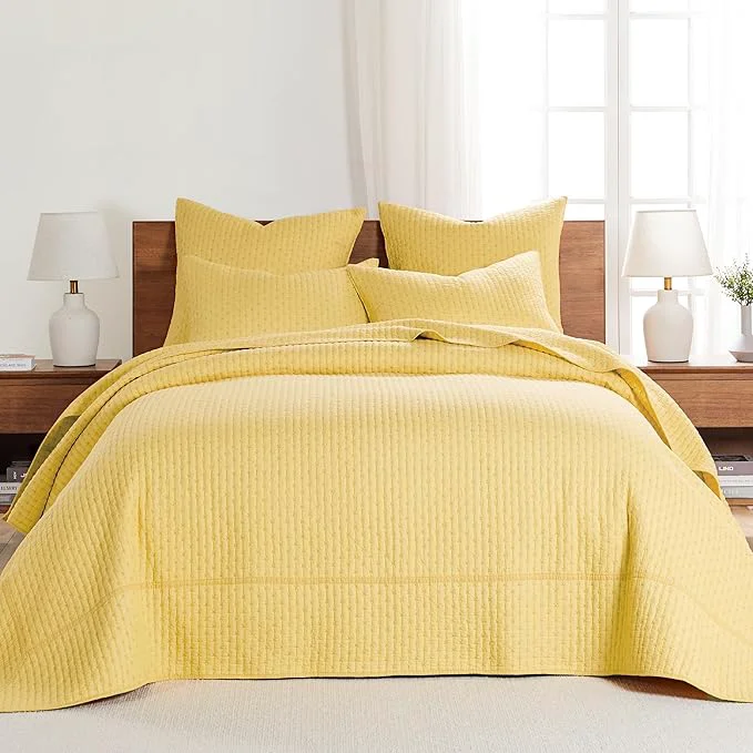 Official Levtex Home Cross Stitch Reversible King Bedspread Set 120x104in with 2 Pillow Shams 36x20in – Stitch Texture – Yellow – Cotton King Size Bedspread Set – Soft Pre-Washed Eco-Friendly