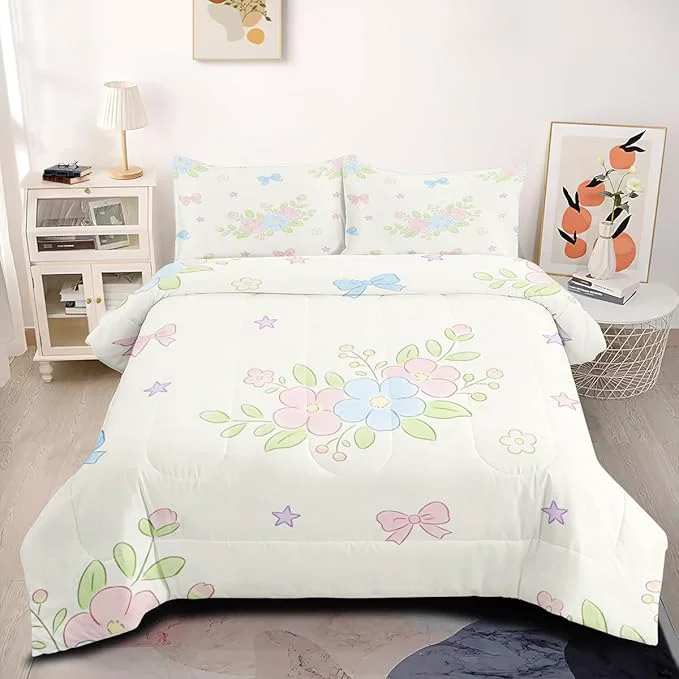 Eco-Friendly 3Pcs Cartoon White Botanical Floral Comforter Set for Girls Flowers Leaves Bedding Set King Size for All Seasons with 1 Comforter 104 quot x 90 quot 2 Pillowcases Trusted