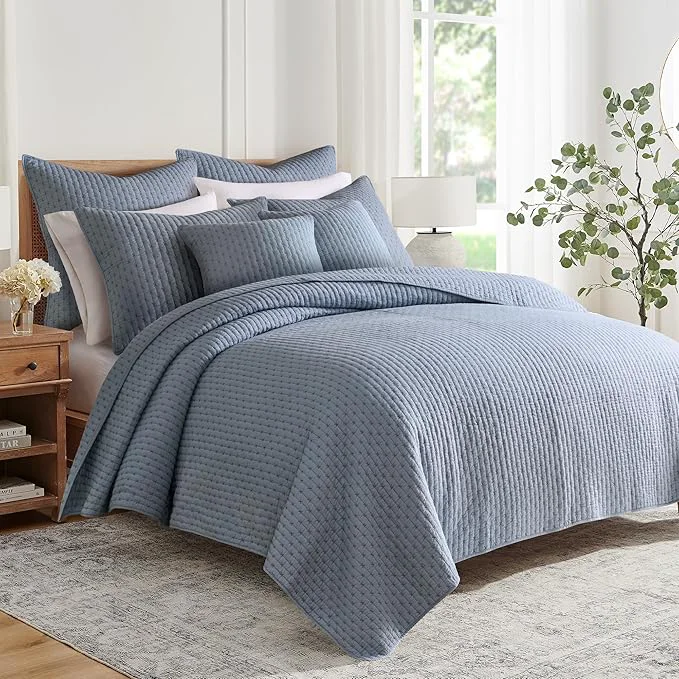 Casual Levtex Home – Cross Stitch Chambray Quilt Set – Full Queen Quilt Two Standard Pillow Shams – Cross Stitched Pattern – Quilt Size 88x92in and Pillow Sham Size 26x20in – Reversible – Cotton Fabric Easy-to-Use