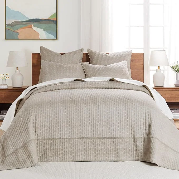 Outstanding Levtex Home Cross Stitch Reversible Queen Bedspread Set 104x106in with 2 Pillow Shams 26x20in – Stitch Texture – Taupe – Cotton Queen Size Bedspread Set – Lightweight Soft Pre-Washed Exclusive