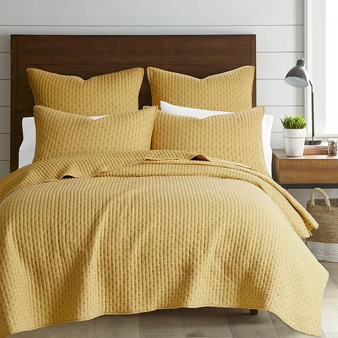 Comfortable Levtex Home Cross Stitch Reversible Twin XL Twin Quilt Set 68x86in with 1 Pillow Sham 26x20in – Stitch Texture – Ochre – Cotton Twin Size Quilt Bedding Set – Lightweight Soft Pre-Washed Trendy