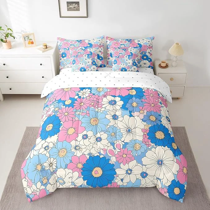 Comfortable Groovy Flowers Comforter Set Bed in a Bag 7 Pieces Twin Red Hippie Flowers 70s 80s Floral Bedding Set Blue Pink Daisy Botanical Comforter Fitted Flat Sheet 2 Pillowcases 2 Throw Pillow Covers Authentic