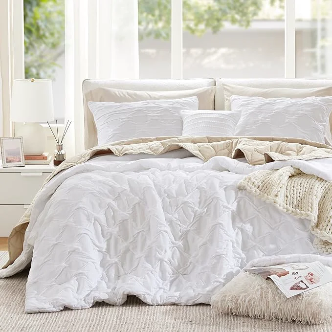 Clean Comfort Spaces Comforter for Queen Size Bed Ogee Ruched with Crinkle Texture Breathable Comforter Set Queen All Season Lightweight Bedding Set Shams Décor Pilow Full Queen White 4 Piece Safe