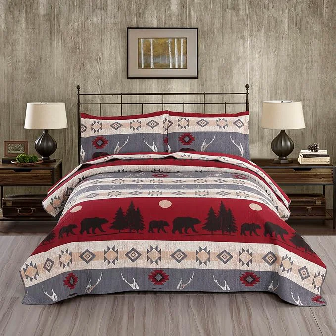 Efficient Ycosy Lodge Bear Quilt Set King Size Cabin Rustic Bedspread Coverlets Reversible Quilts Lightweight Lodge Bedding Set Bear Sunset Printed Bed Covers 1 Quilt 2 Pillow Shams Elegant