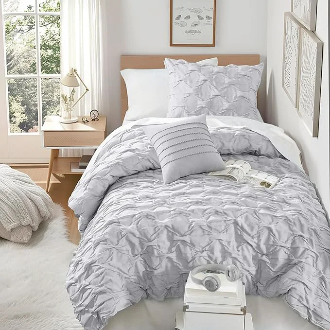 First-Class Comfort Spaces Twin Twin XL Comforter Set for College Ogee Ruched Crinkle Texture Breathable Comforter Set Twin Dorm All Season Lightweight Bedding Set Shabby Chic Décor Pilow Grey 3 Piece Carefully Designed