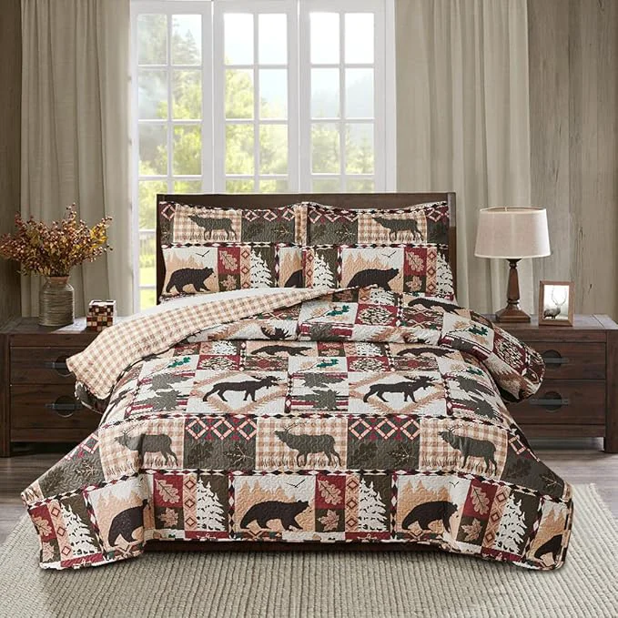 Smart Rustic Lodge Quilt Set Full Queen Size Country Cabin Bedspread Coverlet Queen Moose Bear Patchwork Reversible Quilts Bedding Soft Lightweight Coverlets Forest Bear Bed Cover Sets with 2 Pillow Sham Original