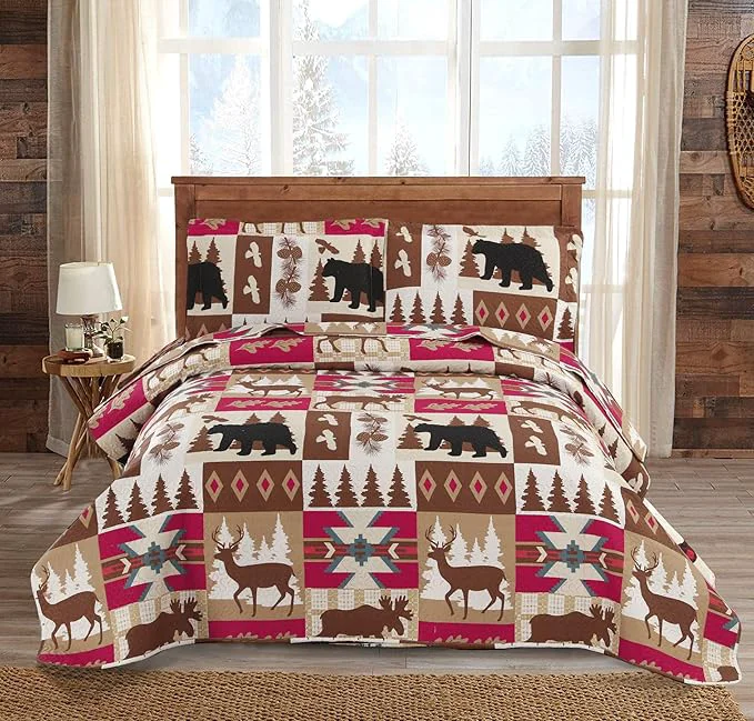 Optimized Ycosy Rustic Quilt Set Twin Size 68 quot x86 quot Bed Spread Lodge Lightweight Coverlet Reversible Bedding Cover Deer Bear Bedspreads Set with Elk Moose 1 Quilt 2 Pillow Shams Carefully Designed