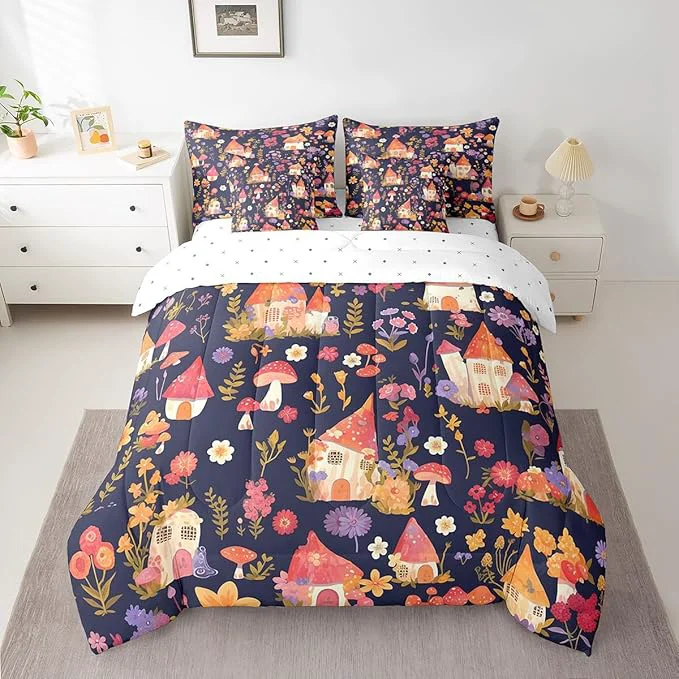 Detailed Castle Fairy Groovy Flowers 7 Pieces Bedding Set King Bed in a Bag Watercolor Dreamy Flowers House Comforter Set for Bedroom Decor Cartoon Jungle Mushroom Plants Soft Warm Microfiber Bedding Superior