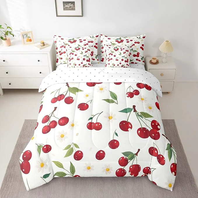 Comfortable Cherry King Comforter Set with Sheets Bed in a Bag 7 Pcs Red Cherry Fruits Rustic Style Bed Set Watercolor Daisy Flowers Bedding Sets with Comforter Flat Fitted Sheet Pillowcases Pillow Covers High-Grade