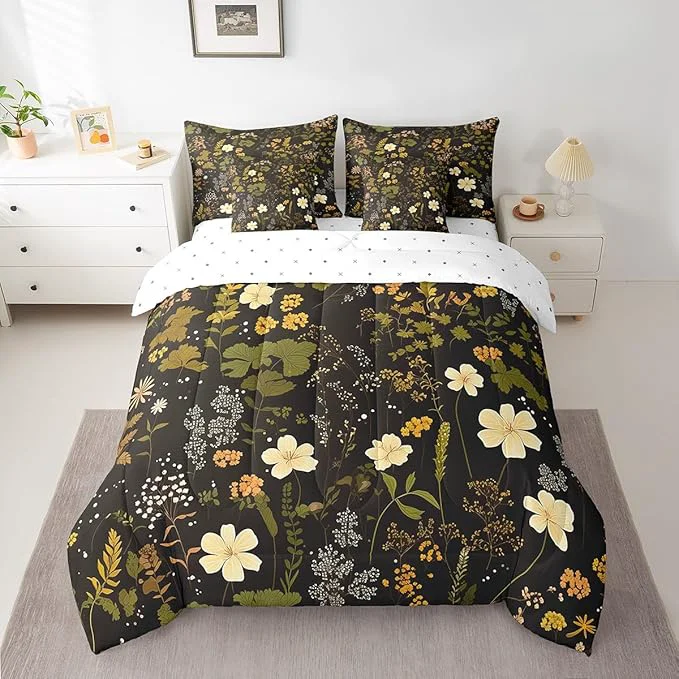 Artisan Wild Flowers Leaves Twin Comforter Set with Sheets Bed in a Bag 7 Pcs Spring Botanical PlantsBed Set Retro Country Decor Bedding Sets with Comforter Flat Fitted Sheet Pillowcases Pillow Covers Safe