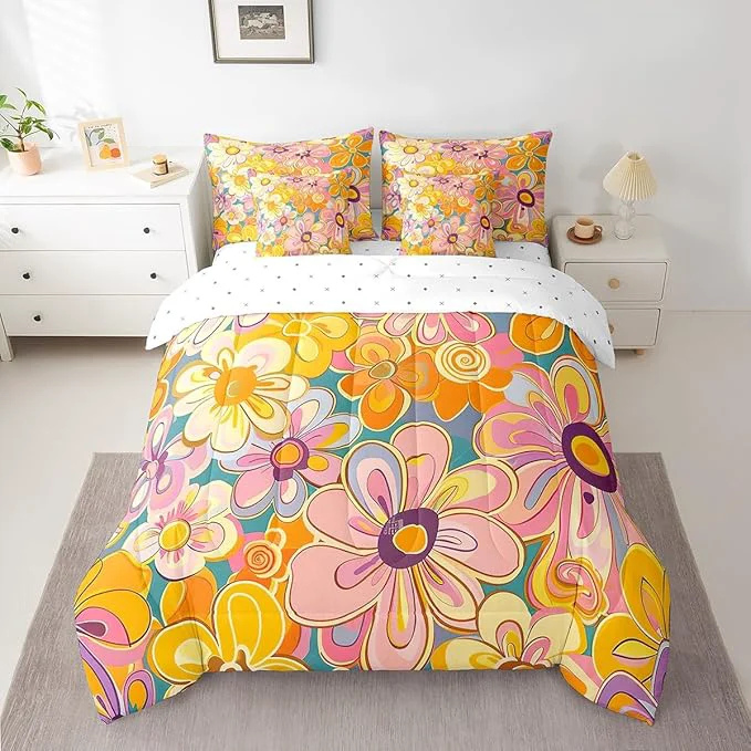 World-Class Bohemian King Comforter Set with Sheets Bed in a Bag 7 Pcs 70s Hippie Floral Retro Flowers Bed Set Vintage Farmhouse Style Bedding Sets with Comforter Flat Fitted Sheet Pillowcases Pillow Covers High-Quality