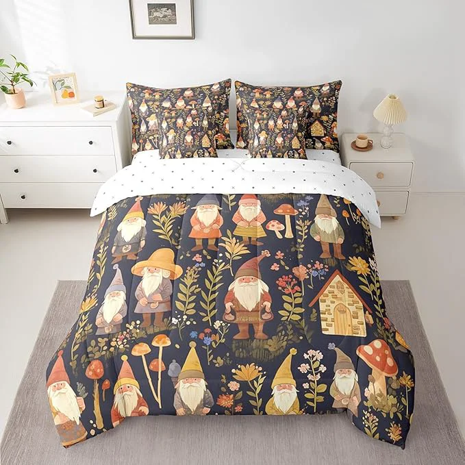 Safe Retro Farmhouse Gnome Comforter Set 7 Pieces Jungle Botanical Flowers Leaves Bed Set Rustic Style Bedding Bed in a Bag King 1 Comforter 2 Pillowcase 2 Pillow Covers 1 Flat Sheet 1 Fitted Sheet Eco-Friendly