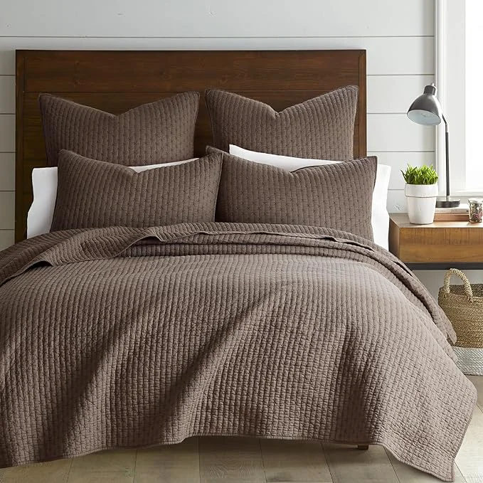 Dependable Levtex Home Cross Stitch Reversible Full Queen Quilt Set 88x92in with 2 Pillow Shams 26x20in – Stitch Texture – Cocoa – Cotton Full Queen Size Quilt Bedding Set – Lightweight Soft Pre-Washed Clean