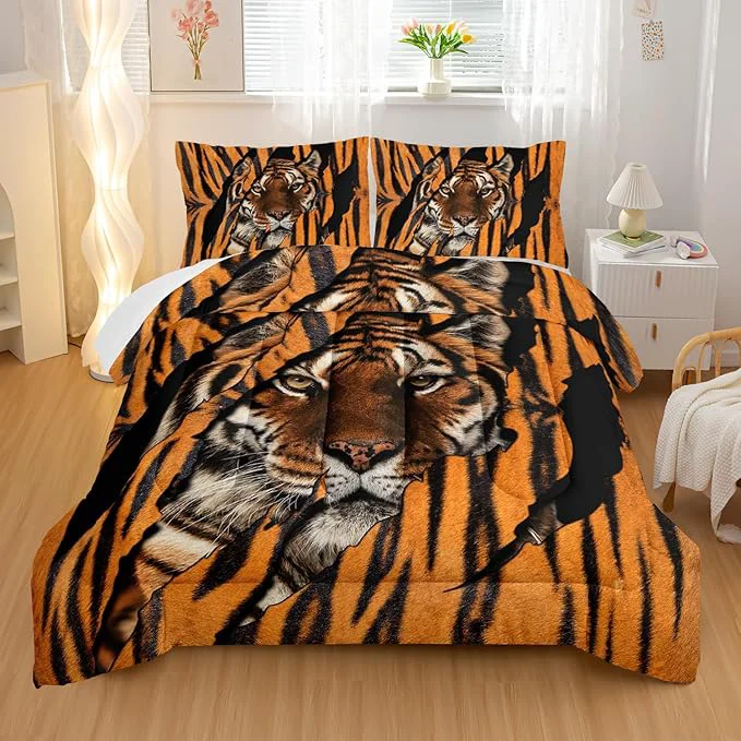 Detailed Mighty Tiger Comforter Sets King Size Animal Bedding Set for Your Room Tiger Fur Soft Lightweight Quilted Set All Season 1 Comforter and 2 Pillowcases First-Class