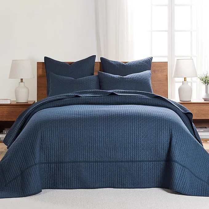 Levtex Home Cross Stitch Reversible Queen Bedspread Set 104x106in with 2 Pillow Shams 26x20in – Stitch Texture – Navy – Cotton Queen Size Bedspread Set – Lightweight Soft Pre-Washed Versatile