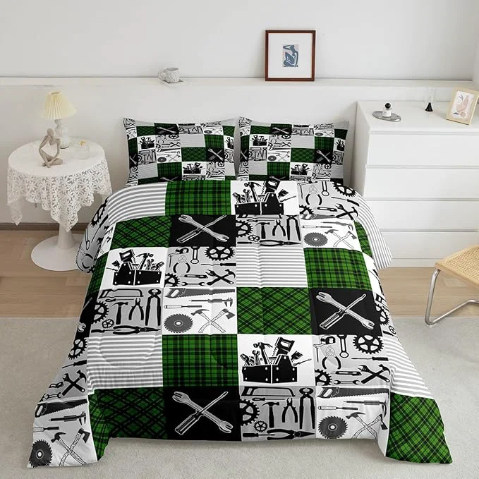 Comfortable Kids Boys Car Comforter Set Farmhouse Gingham Check Bedding Set Wrench Repair Outfit Bedding Home Decor Green Black Comforter Twin Size 2 Pieces Quilted Duvet Set with 1 Pillowcase Selected