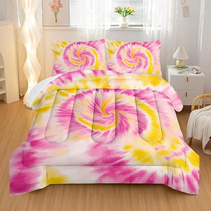 Solid Pink Tie-dye Comforter Sets Twin Size Abstract Modern Art Bedding Set for Your Room Graffiti Soft Lightweight Quilted Set All Season 1 Comforter and 2 Pillowcases Organic