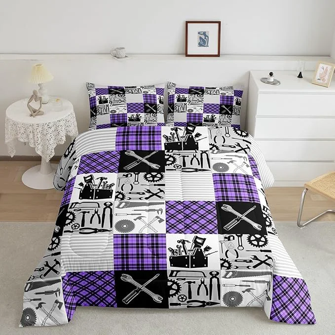 Responsible Kids Girls Cars Comforter Set Wrench Repair Outfit Bedding Set Farmhouse Gingham Check Bedding Home Decor Gray Purple Comforter Twin Size 2 Pieces Quilted Duvet Set with 1 Pillowcase Modern