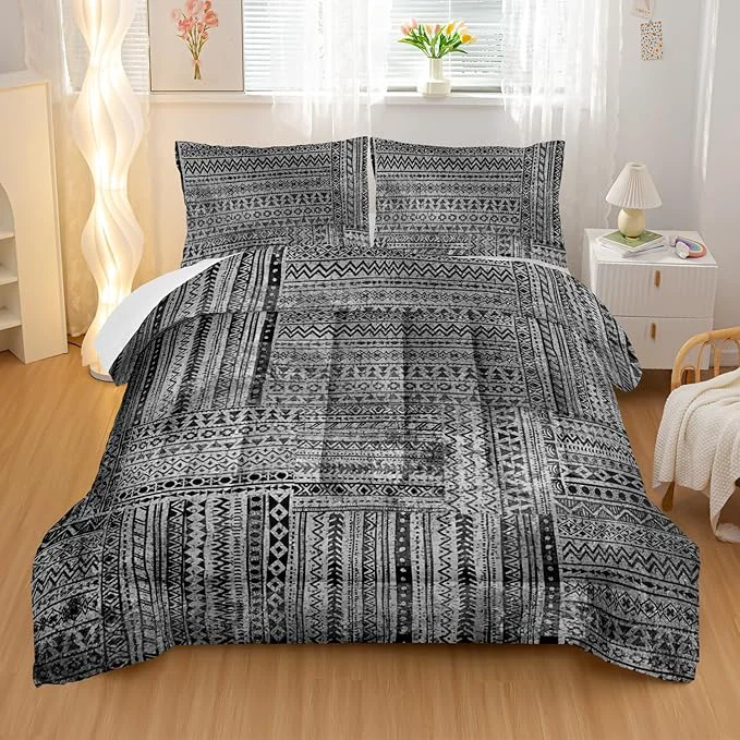 Elite Grey Splicing Comforter Sets King Size Bohemian Geometric Bedding Set for Your Room Abstract Soft Lightweight Quilted Set All Season 1 Comforter and 2 Pillowcases High-Performance