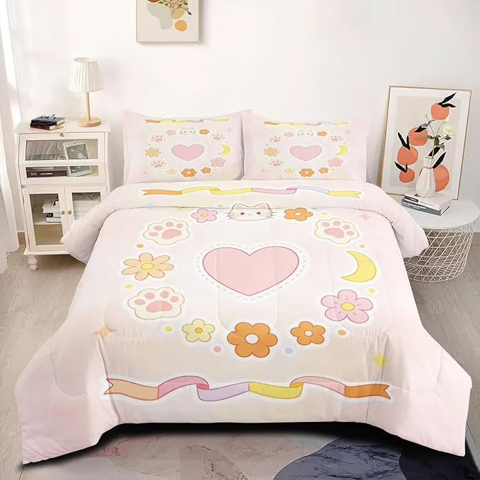 Breathable Kids Pink Cartoon Cat Paw Bedding Set 7Pcs Full Size Bed in a Bag Heart Star Comforter Sets with 1 Comforter 79 quot x 90 quot 2 Pillowcases 1 Fitted Sheet 1 Flat Sheet 2 Pillow Shams Artisan