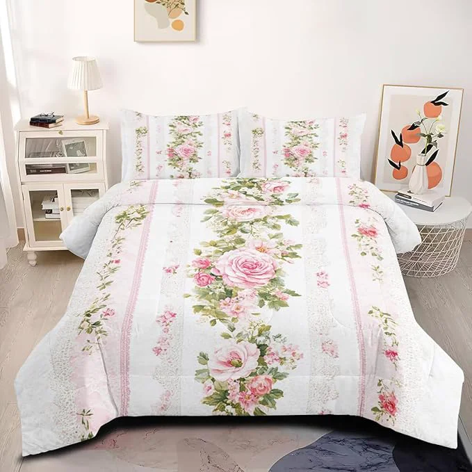 Proven 3Pcs Full Size Romantic Roses Comforter Set for Women Vintage Spring Floral Plant Bedding Sets for Women Room Decor 1 Pink Rose Comforter 79 quot x 90 quot and 2 Pillowcases All Season Exclusive
