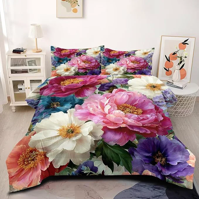 Advanced Queen Size Victorian Botanical Floral Bedding Sets 5Pcs Colorful Peony Bed in A Bag 1 Comforter 90 quot x90 quot and 2 Pillowcases 1 Fitted Sheet 1 Flat Sheet 2 Pillow Shams Original