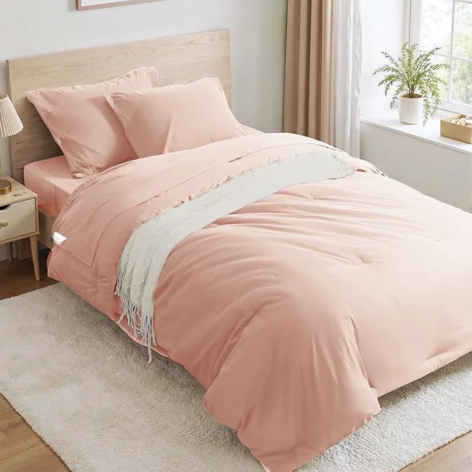 Selected Anluoer Pink Twin Comforter Set 5 Pieces Bed in a Bag with Sheets All Season Bedding Sets with 1 Comforter 1 Pillow Sham 1 Pillowcase 1 Flat Sheet 1 Fitted Sheet Top-Quality