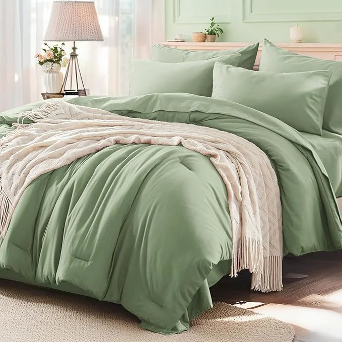 Exceptional Anluoer Sage Green California King Comforter Set 7 Pieces Bed in a Bag with Sheets All Season Bedding Sets with 1 Comforter 2 Pillow Shams 2 Pillowcases 1 Flat Sheet 1 Fitted Sheet Premium