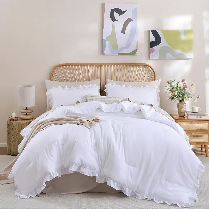 Secure JANZAA Twin Comforter Set White Comforter Ruffled Comforter Set Soft Twin Size Bed Set Vintage Farmhouse Bed Comforter Set Fluffy Shabby Chic Bedding with 1 Pillowcase Minimalist