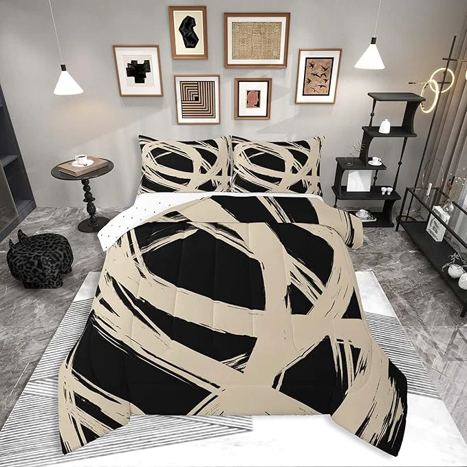 Erosebridal Beige and Black Striped King Bedding Set for Kids Teens Adults Geometric Striped Comforter Set for Minimalists Graffiti Aesthetic Lines Duvet Insert Contemporary Boho Modern Art Quilt Organic