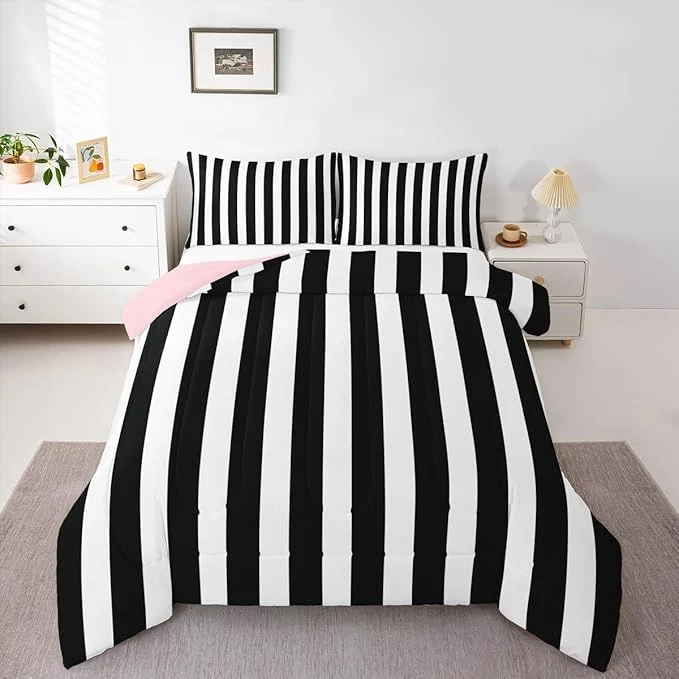 Proven Erosebridal Black and White Striped Twin Comforter Set Pink Reversible Striped Bedding Set Pink and Black Comforter Sets for Kids Teens Adults Cute Pinstripe Girls Bed Quilt Sets Modern