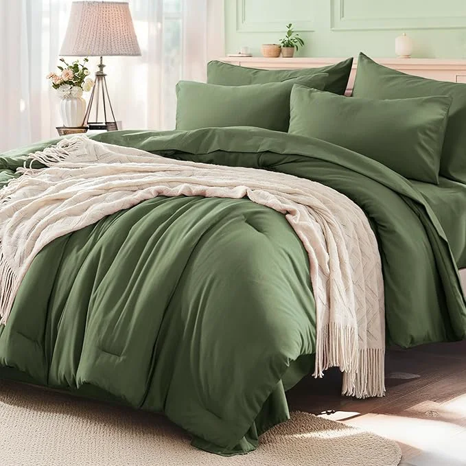 Contemporary Anluoer King Size Comforter Set 7 Pieces Olive Green Bed in a Bag Bedding Set with 1 Comforter 2 Pillow Shams 2 Pillowcases 1 Flat Sheet 1 Fitted Sheet Classic
