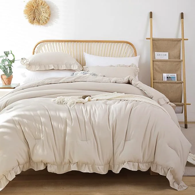 Fast JANZAA Comforter Set Full Size Beige Ruffle Comforter 3PCS Soft Fluffy Comforter Vintage Farmhouse Bed Comforter Set Shabby Chic Bedding with 2 Off White Pillowcases Selected