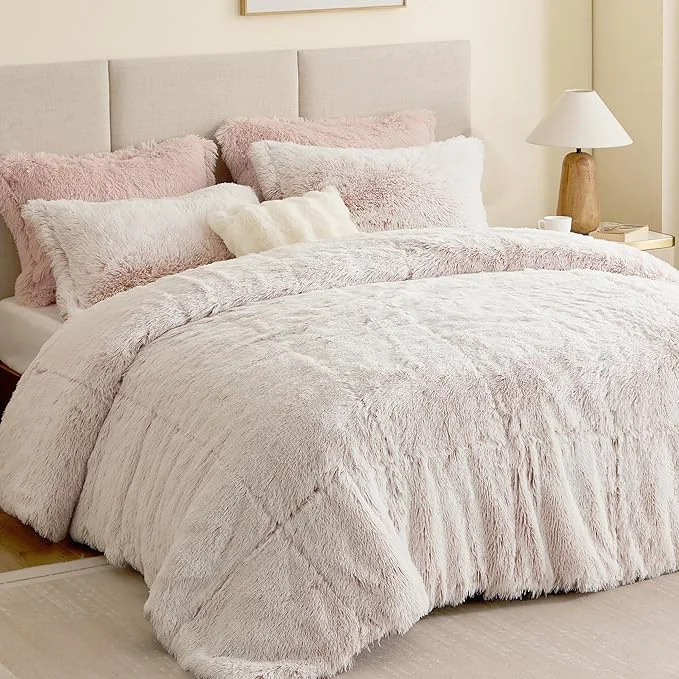 Sustainable Intelligent Design King Comforter Set Fur-Like Shaggy Comforters for King Size Bed Warm Fuzzy Bedding All Season Luxurious Comforters King Size Bed Set Malea King Cal King Pink White 3 Piece Expertly Made