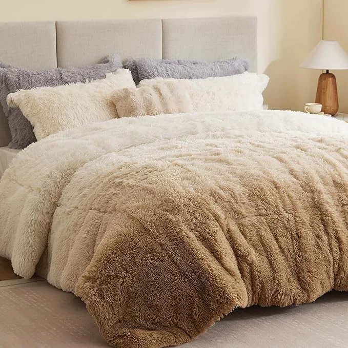 Refined Intelligent Design Long Shaggy Faux Fur Comforter Set Soft Plush Reverse Chic Ombre Design Twin Size Comforter Sets All Season Bedding Set Matching Sham Brielle Twin Twin XL 66 quot x90 quot Natural Classic