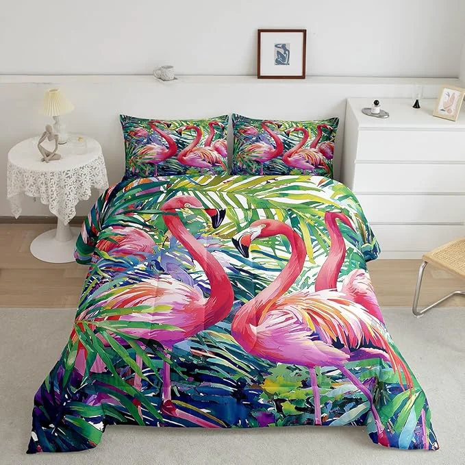 Outstanding Erosebridal Flamingo Comforter Set Queen Size Tropical Leaves Room Decor Down Comforter Palm Tree Pattern Quilted Duvet Colorful Comforter Set with 2 Pillow Cases Super Soft Breathable Professional